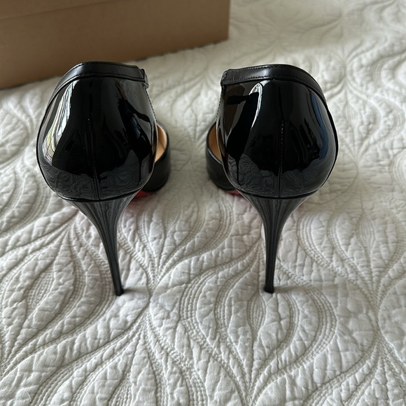 CHRISTIAN LOUBOUTIN Round and Square asymmetrical patent black pumps